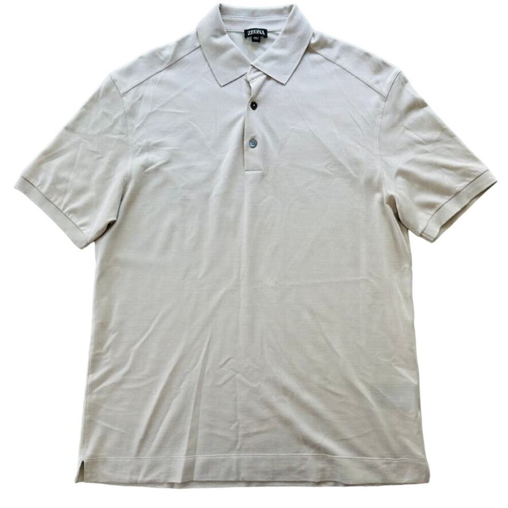 Zegna Mens Cotton Silk Polo Ecru Cream Size Medium / 50 Short Sleeve